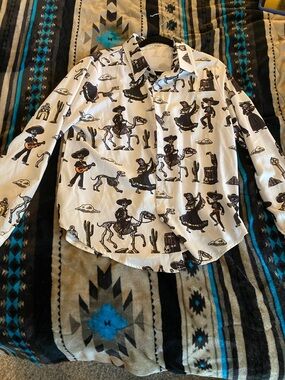 White Western Skeleton Print Button-Up Shirt